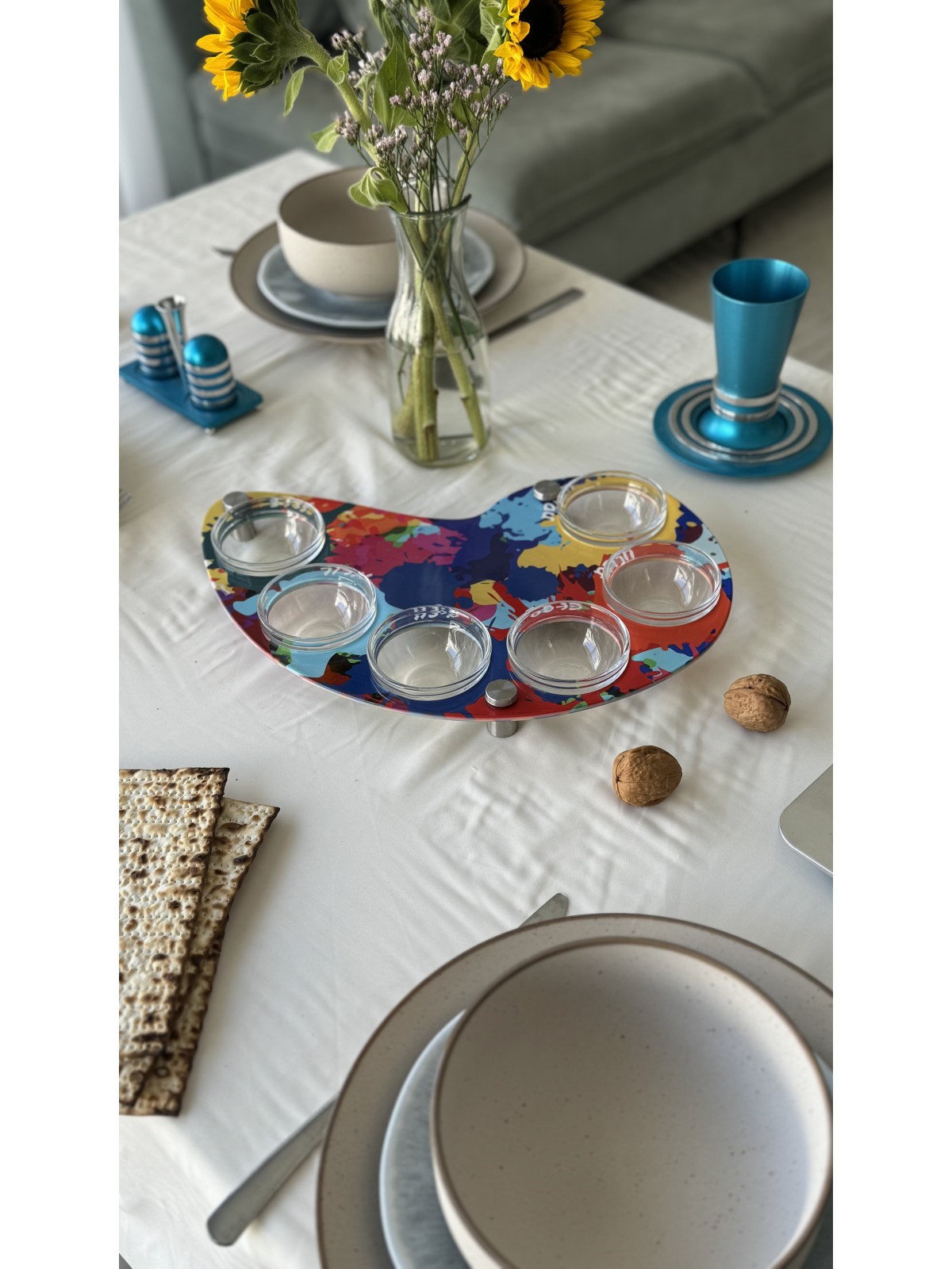 צלחת פסח בצורת צייר צבעוני עם קשת זכוכית, סדר אלומיניום Pl